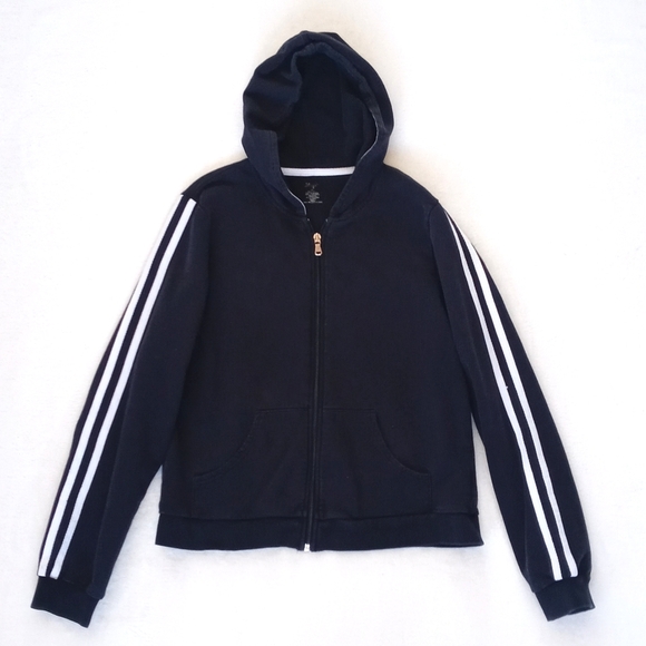 Vintage Tops - Vintage Black Cropped Long Sleeve Hoodie with White Racer Stripes M